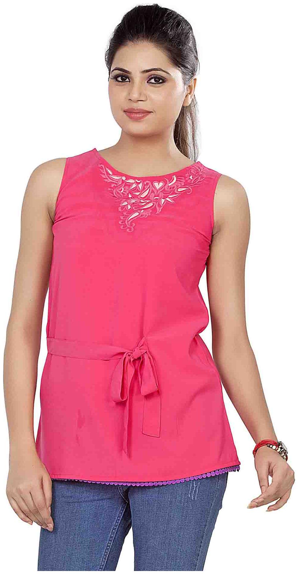 

Soie D Pink Solid Sleeveless Women s Top