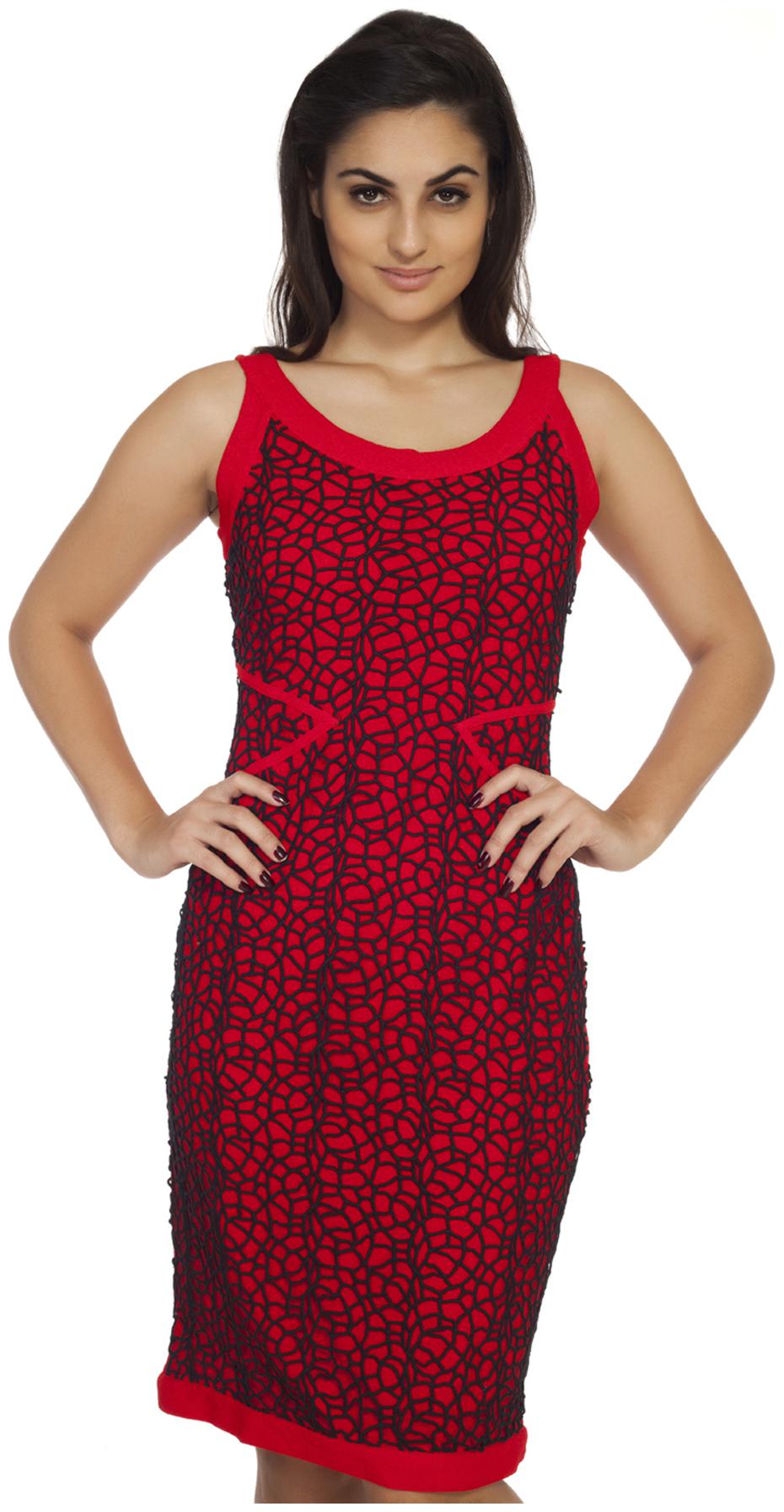 

Soie Red Sleeveless Embroidered A-Line Dress