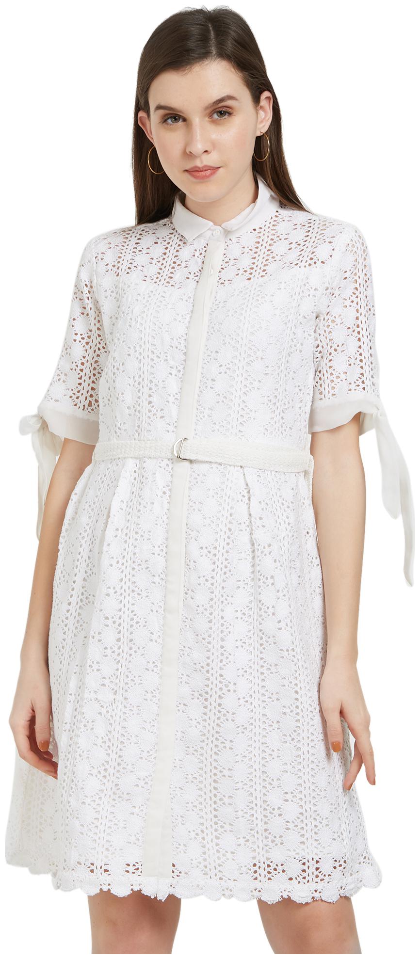 

Soie White Self design A-line dress