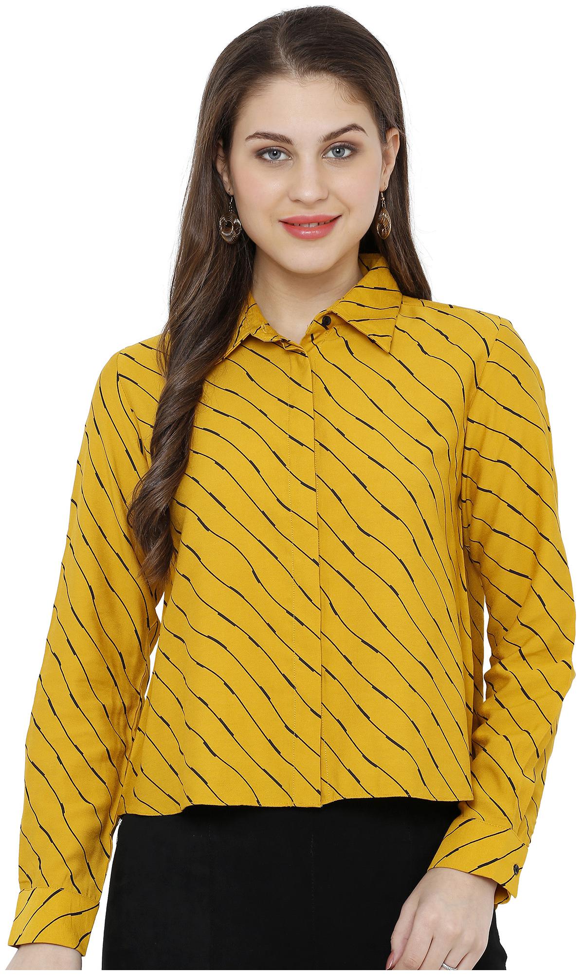 

Soie Women Mustard Cotton Striped Regular Top