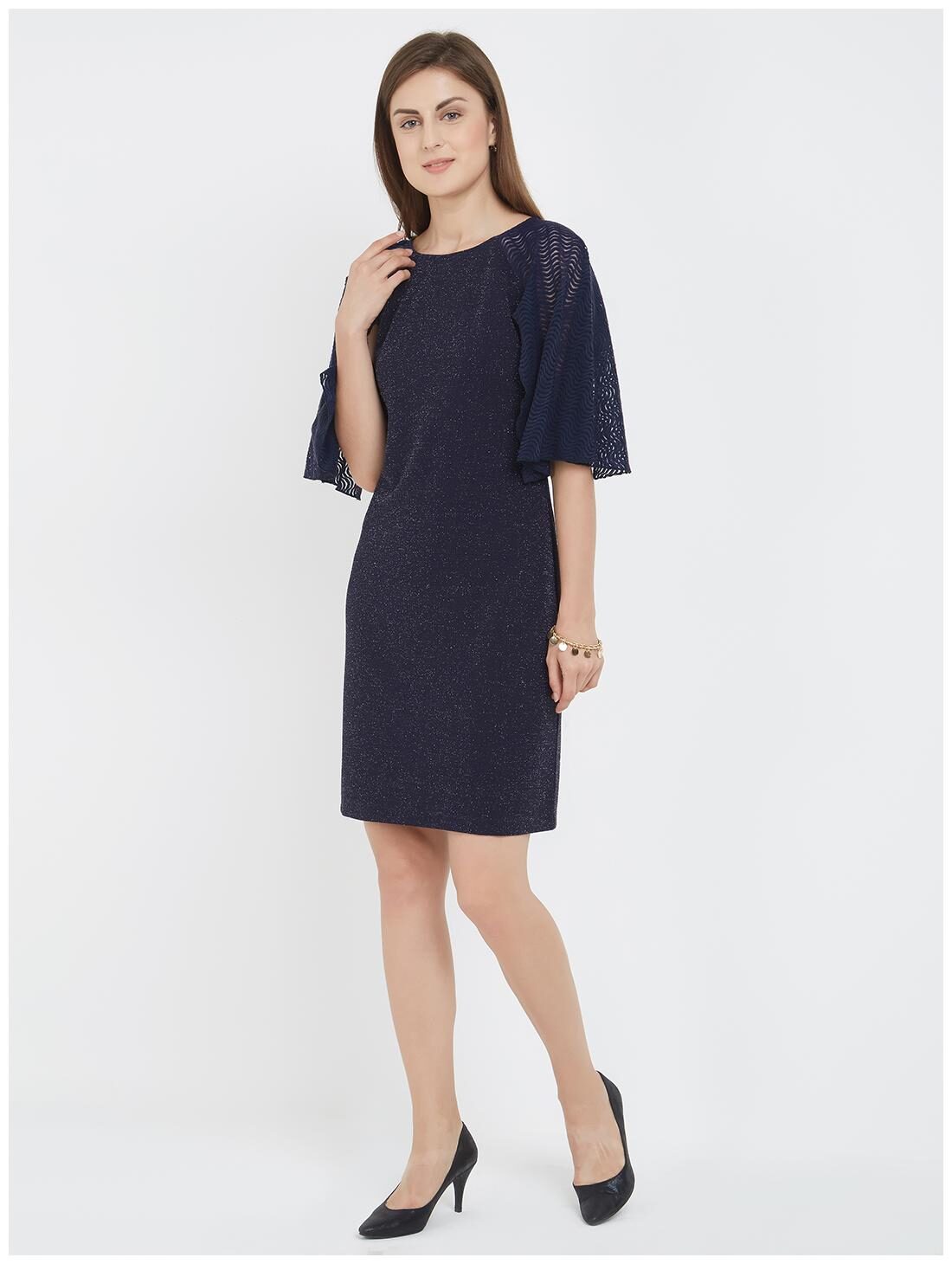

Soie Women Navy Blue Polyester Solid A Line Dress