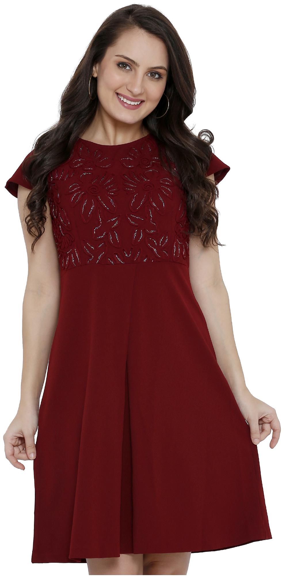 

Soie Maroon Embroidered Fit flare dress
