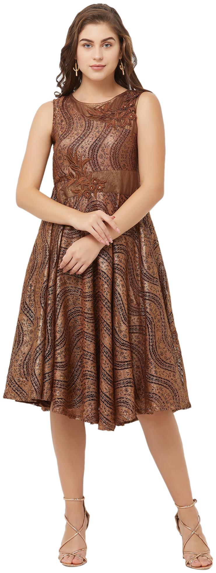

Soie Brown Self design Fit flare dress