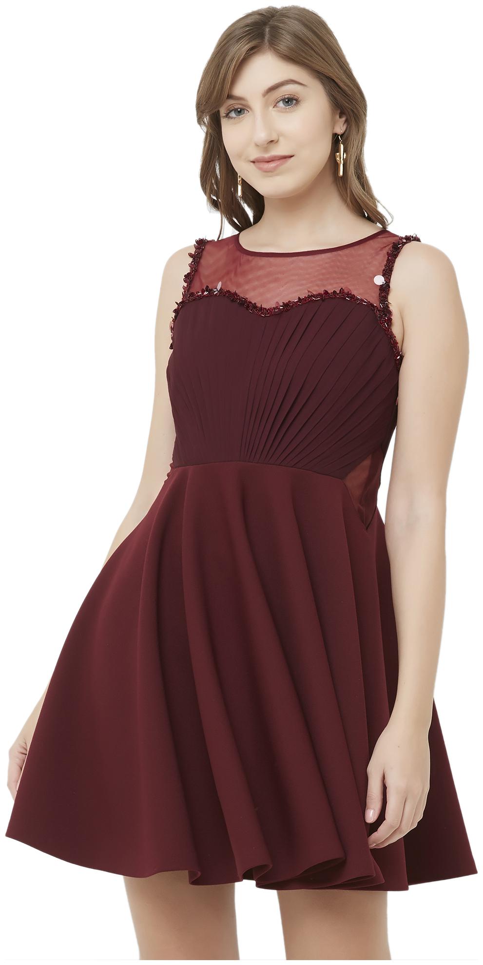 

Soie Maroon Solid Fit flare dress