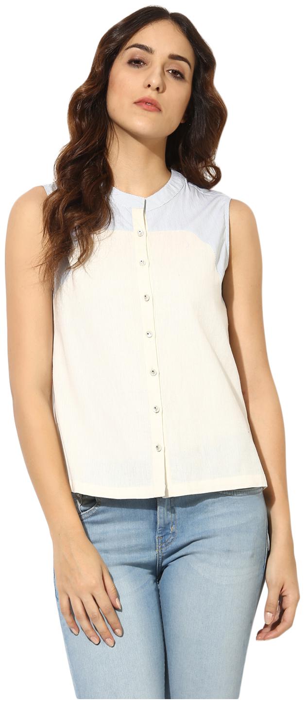 

Soie Women s Striped Mandarin CollarTop