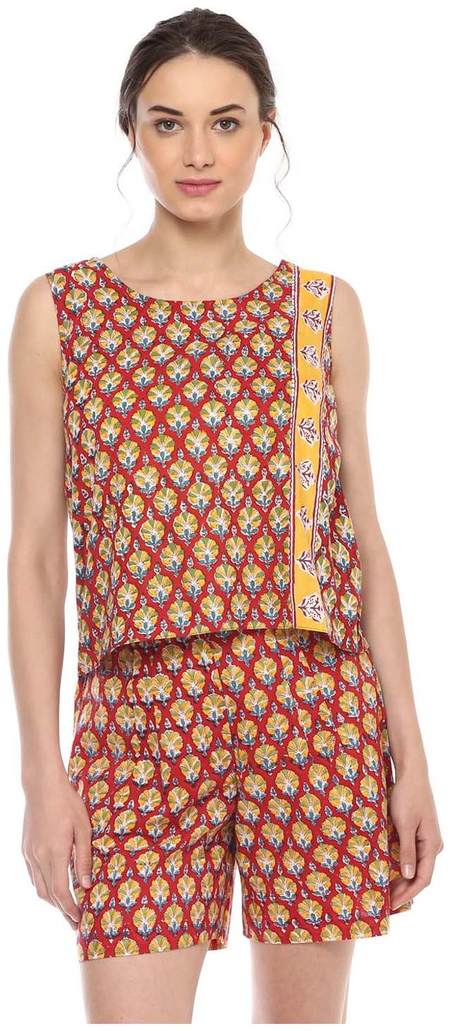 

Soie Women s Red Print Pure Cotton Top