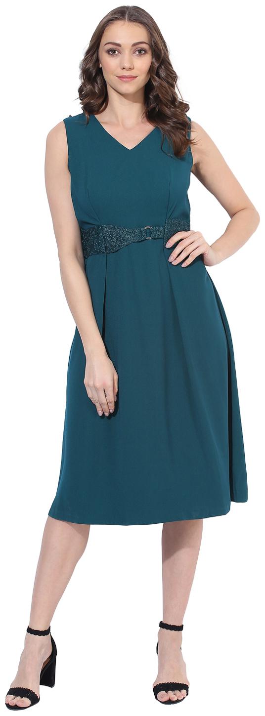 

Soie Women s Lace Fancy Belt Pleated Dress (with separate sleeves provided)