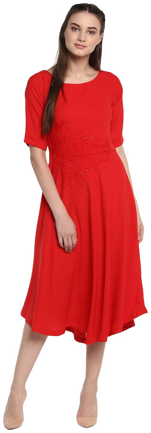 

Soie Red Embroidered A-line dress