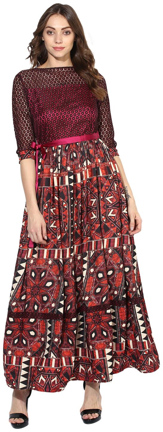

Soie Women s Printed Long Dress With Lacy Sleeves