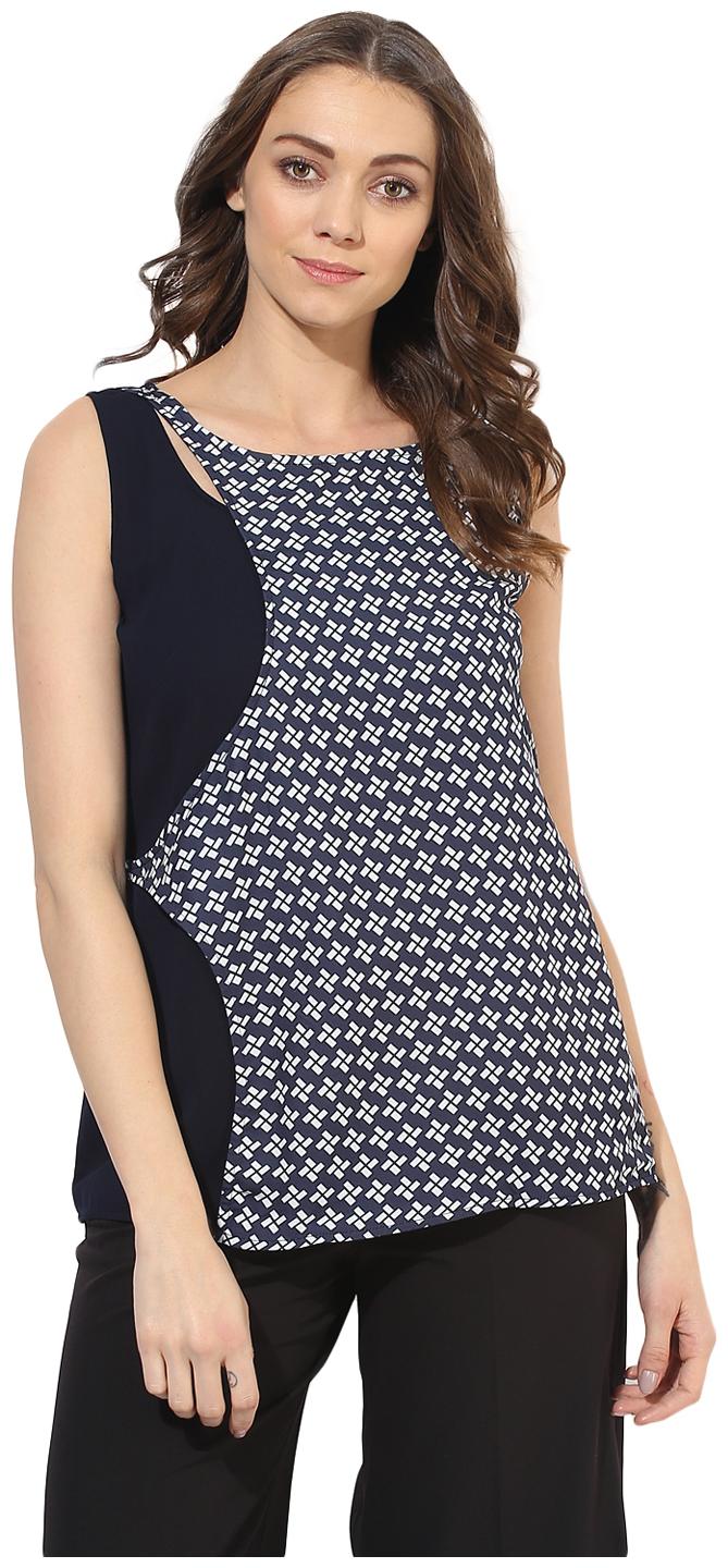 

Soie Women s Navy Blue One Side Shoulder Cut Printed Top