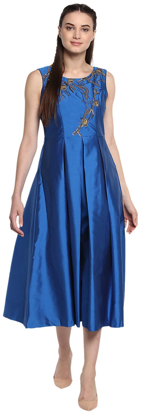 

Soie Blue Embroidered A-line dress