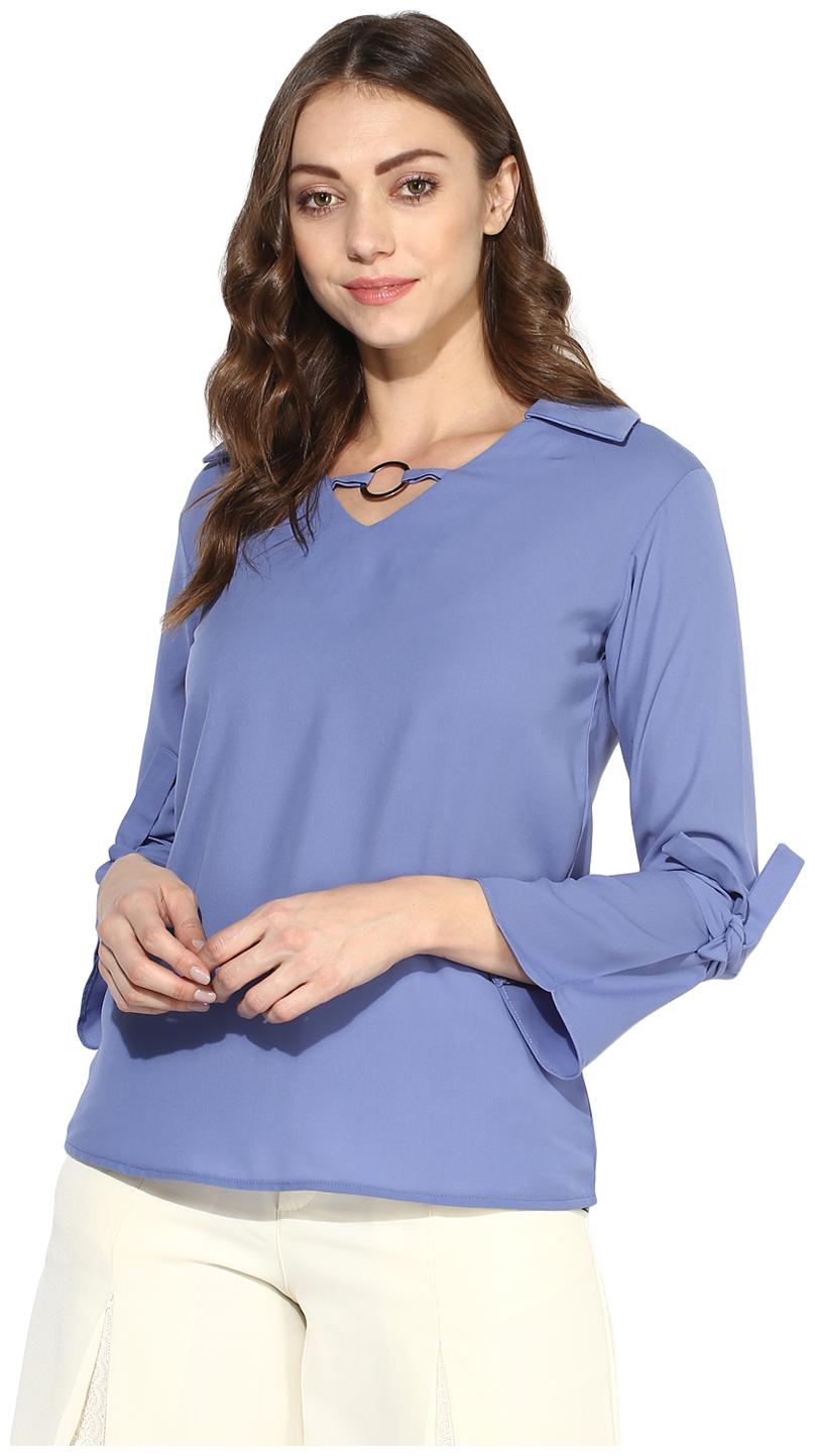 

Soie Women s Blue Tie Cuff Casual Top