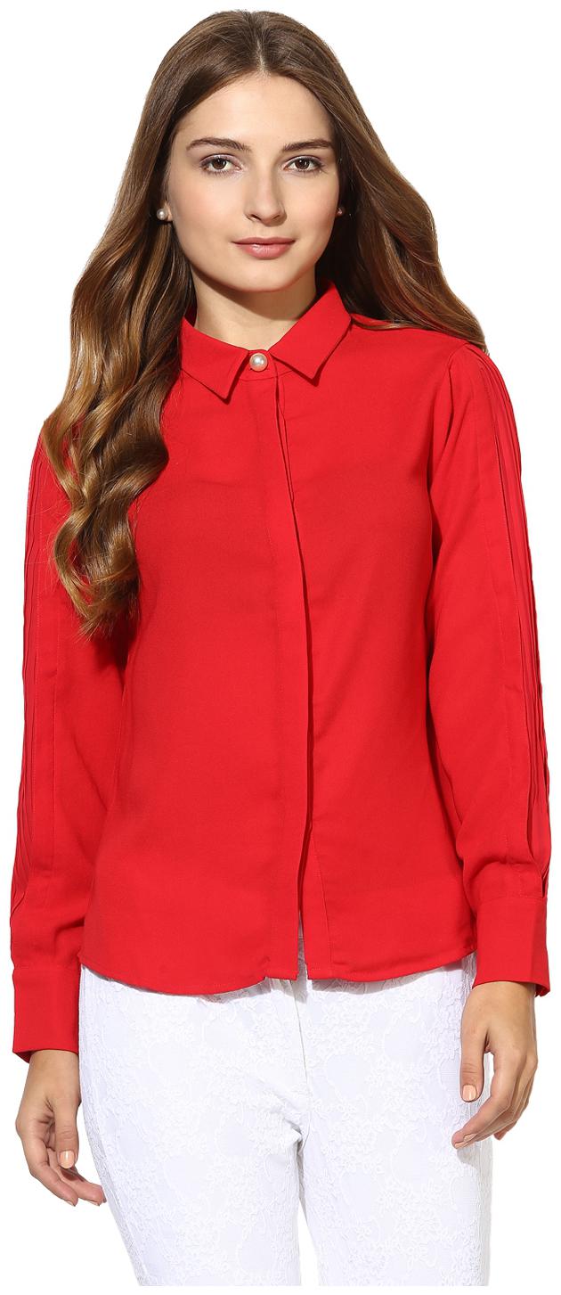 

Soie Women s Red Fan Pleated Sleeves Top