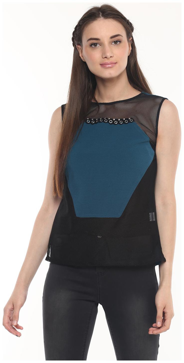 

Soie Women s Turquoise Blue Rivet Neck Short Top
