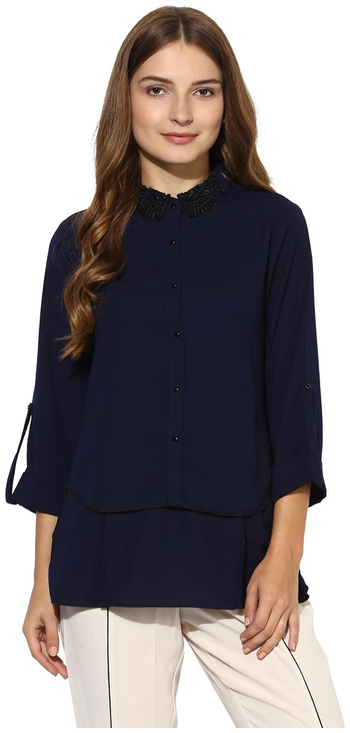 

Soie Women s Navy Blue Lace Collar Double Layer Top