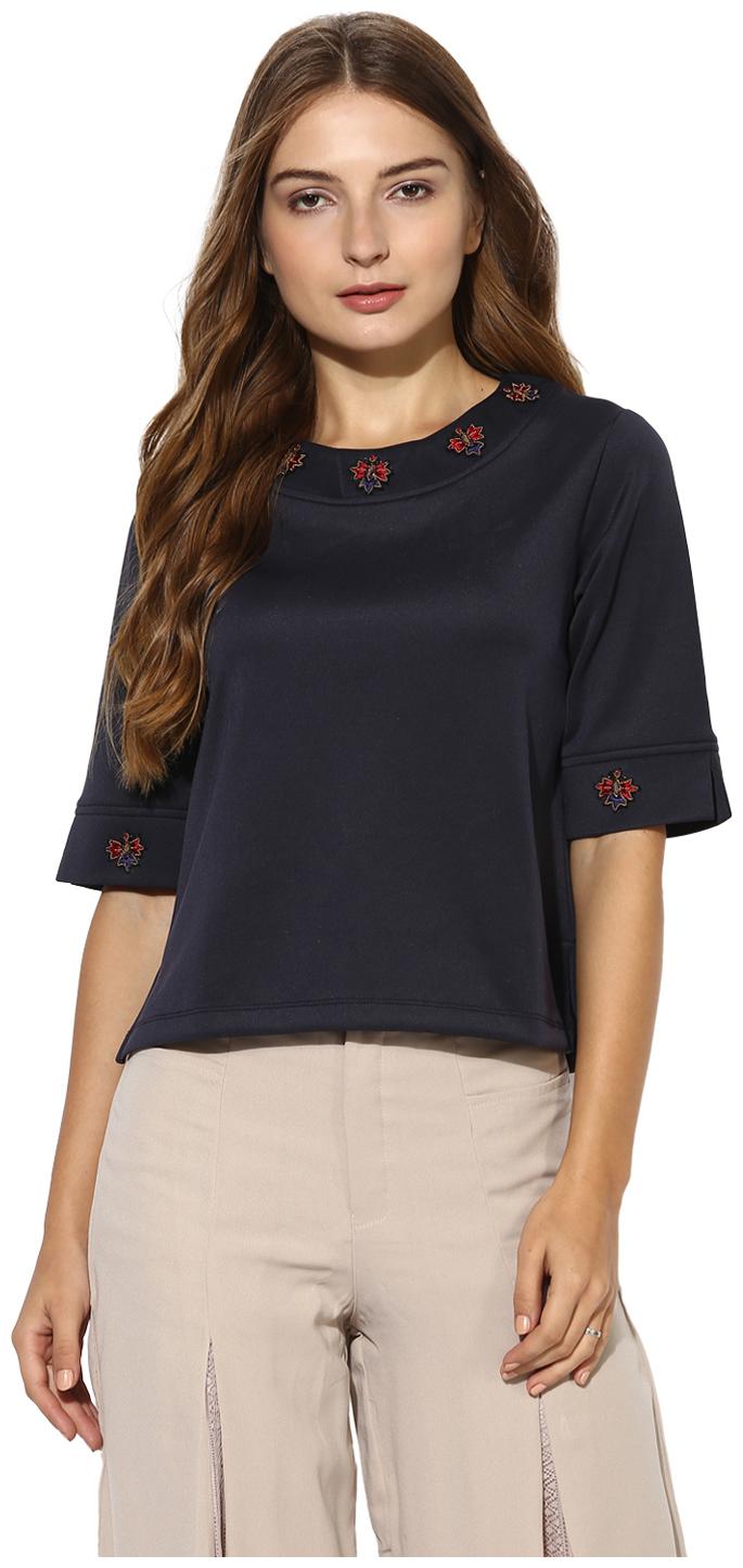 

Soie Women s Navy Blue Embroidered Crop Top