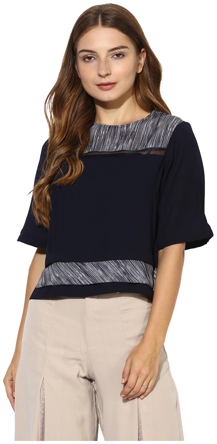 

Soie Women s Navy Blue Soild And Print Crop Top