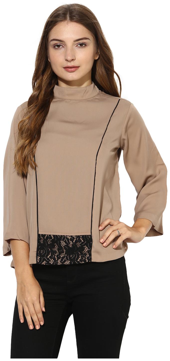 

Soie Women s Beige Contrast Piping And Lace Crop Top