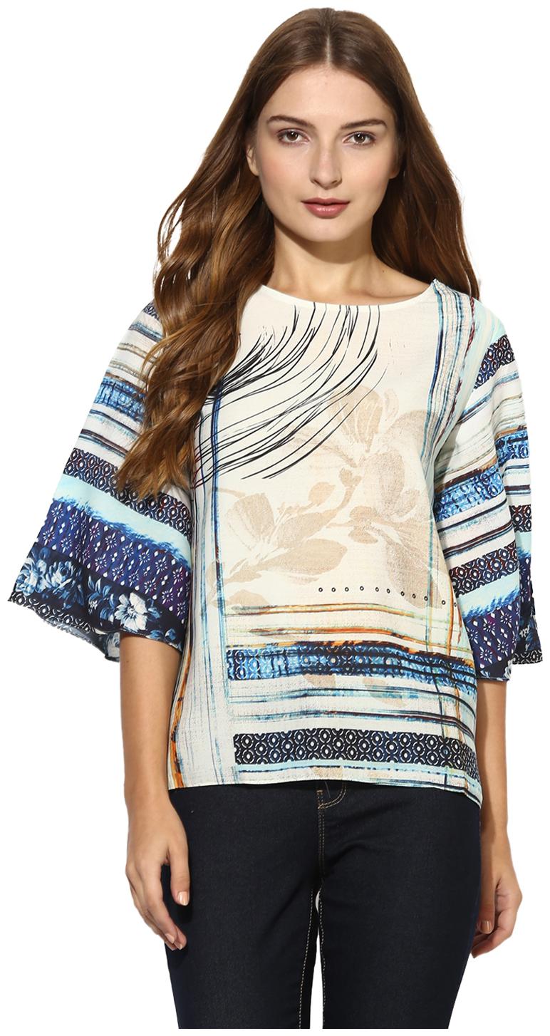

Soie Women s Blue Bell Sleeve Printed Short Top