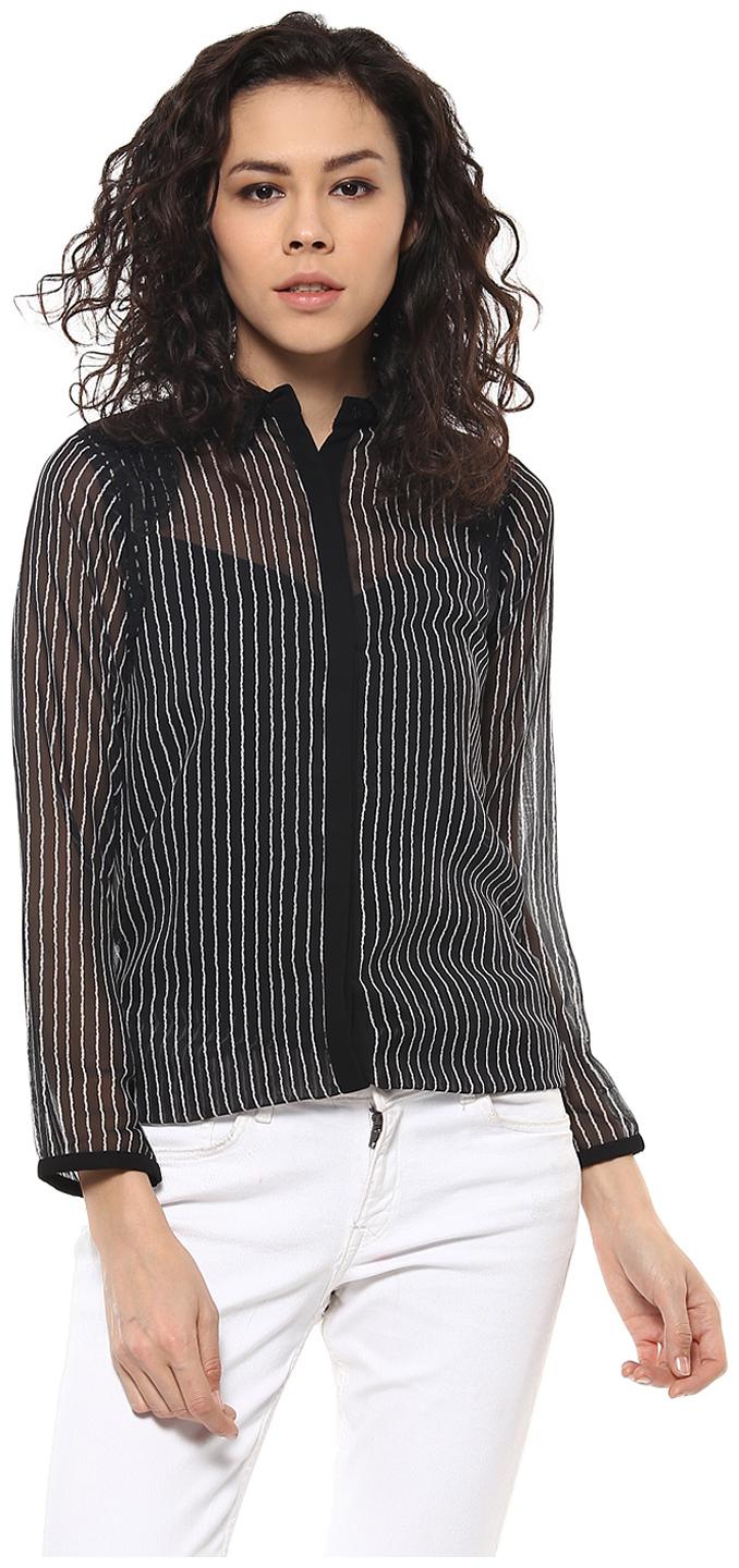 

Soie Women s Full Sleeved Striped Shirt And Lace Inserts At Shoulders