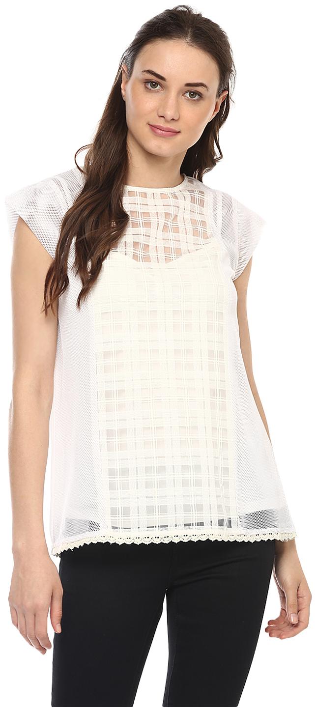 

Soie Women s Cap Sleeve Sheer Top With Lace Front Panel