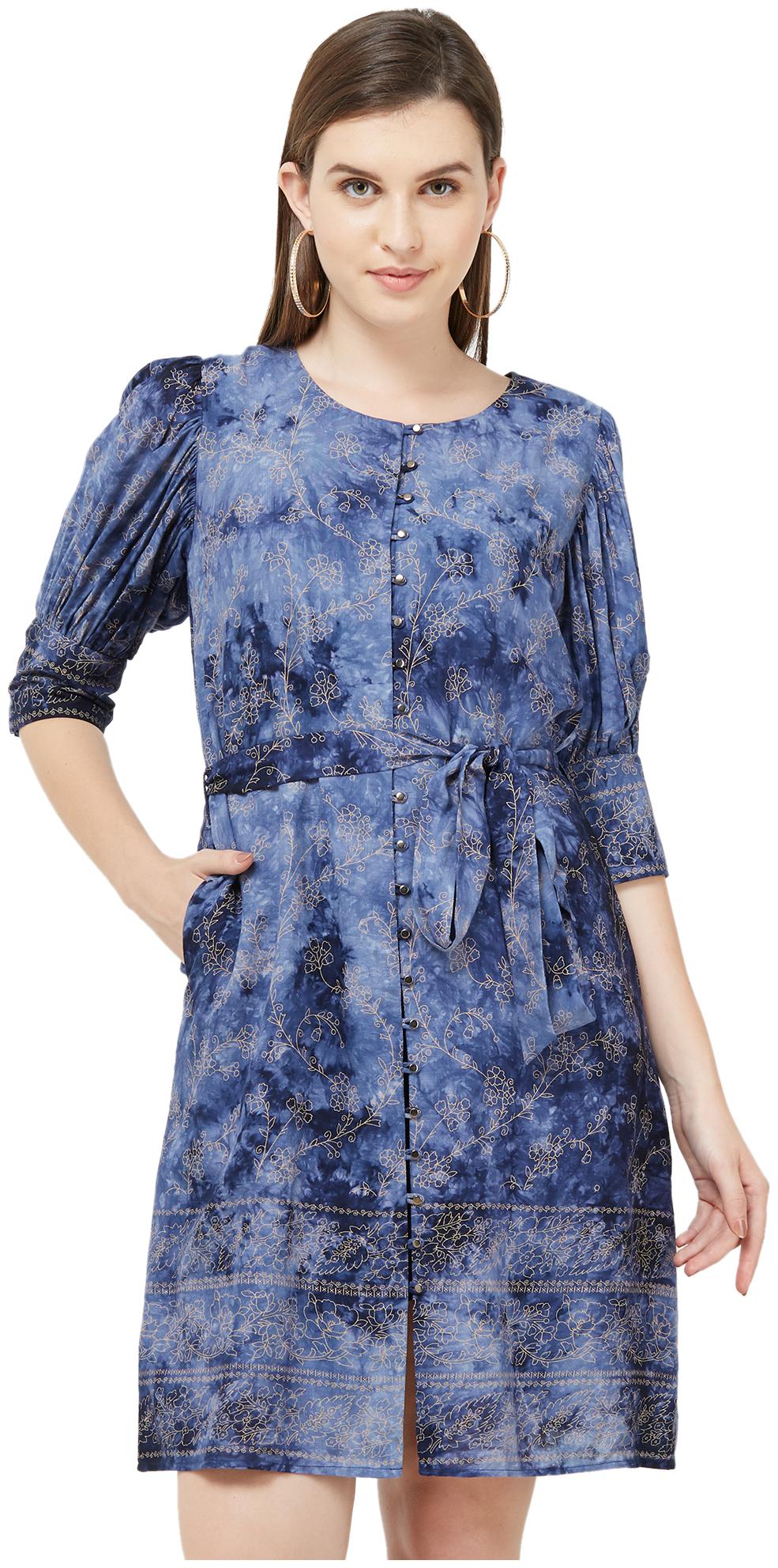 

Soie Blue Printed A-line dress