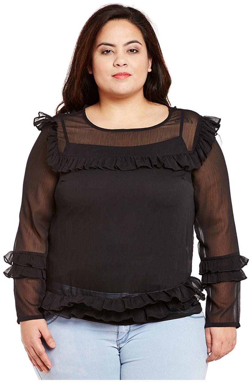 

Solid Black Dot Mesh Ruffle Top