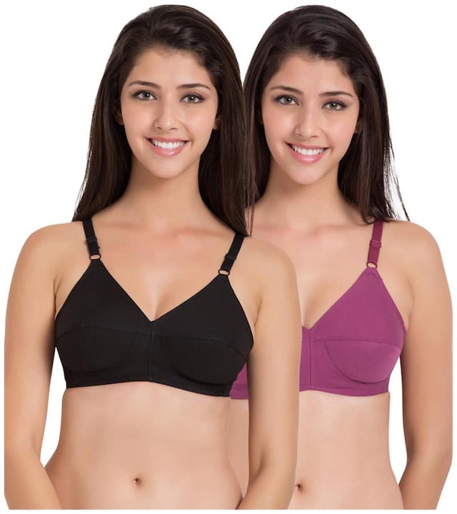 Souminie Cotton Non Strechable Black Magenta (Pack Of 2) Non-Wired Bra
