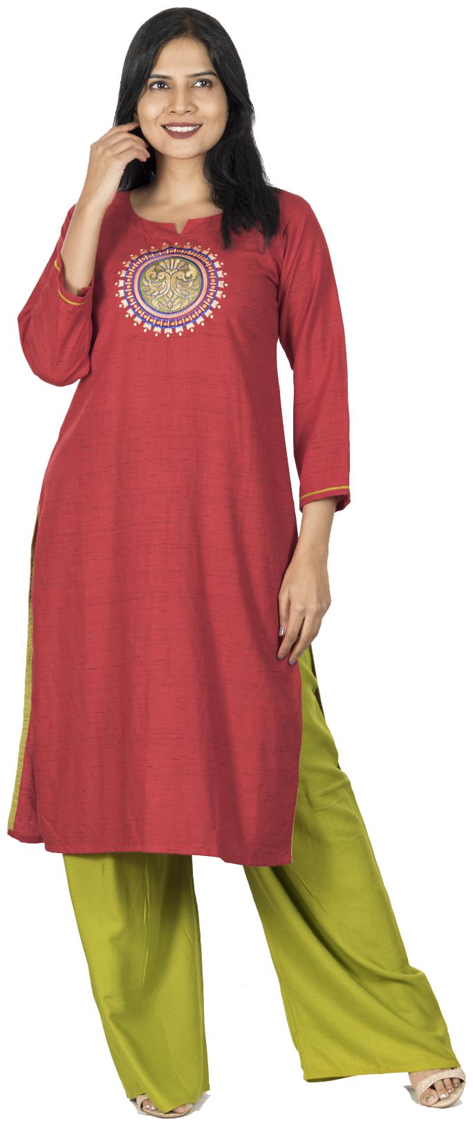

South India Shopping Mall Women Cotton Straight Fit Kurta With Palazzo Red and Green color