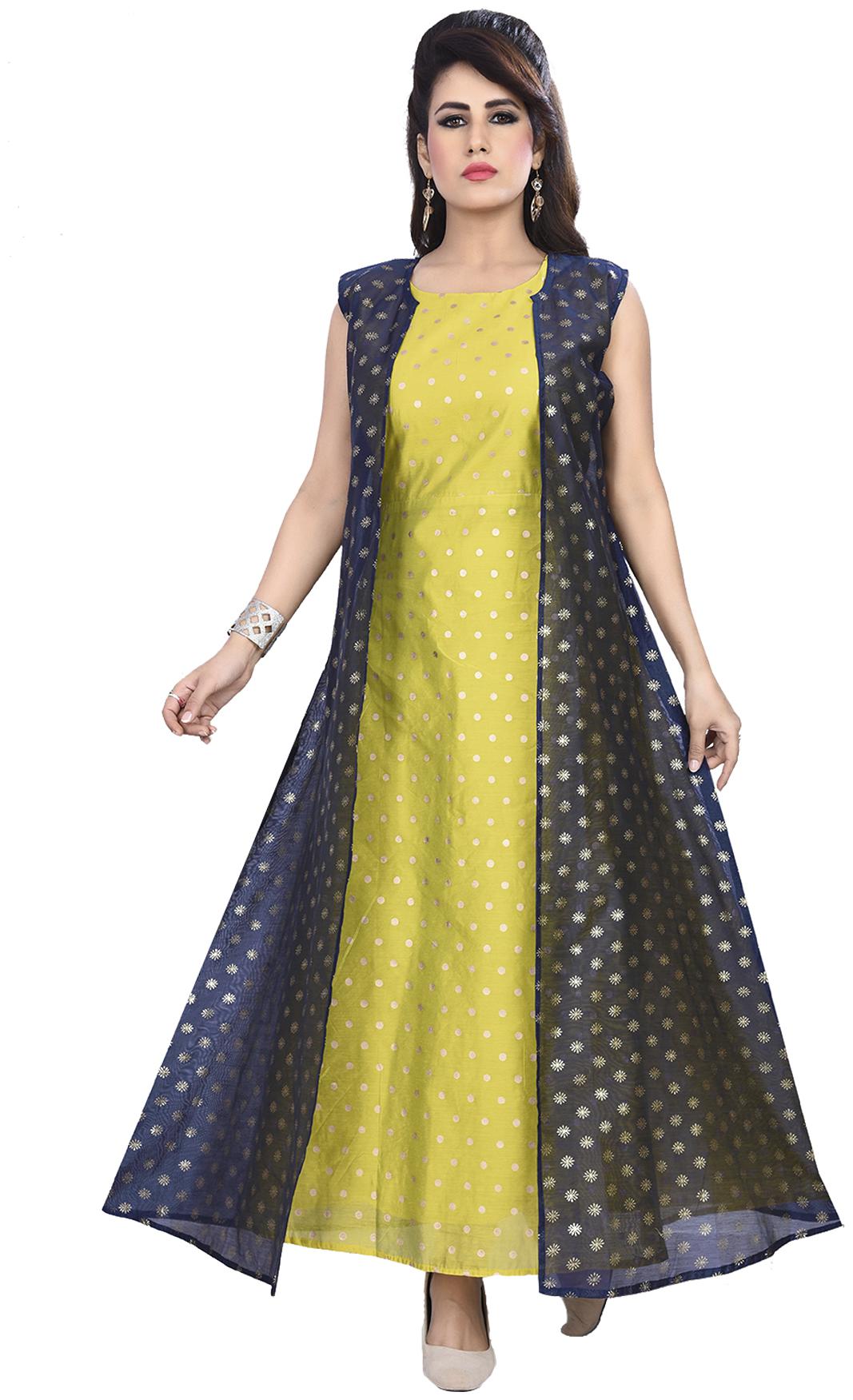 

South India Shopping Mall Women Blended Printed Gown Blue Yellow