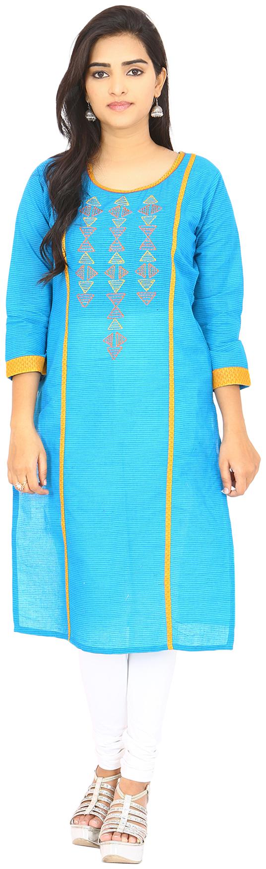 

South India Shopping Mall Women Turquoise Striped Straight Kurti