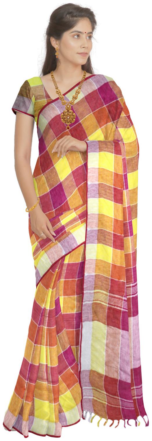

South India Shopping Mall Hosh Women PinkYellowOrange Lenin Checks Lenin Sarees