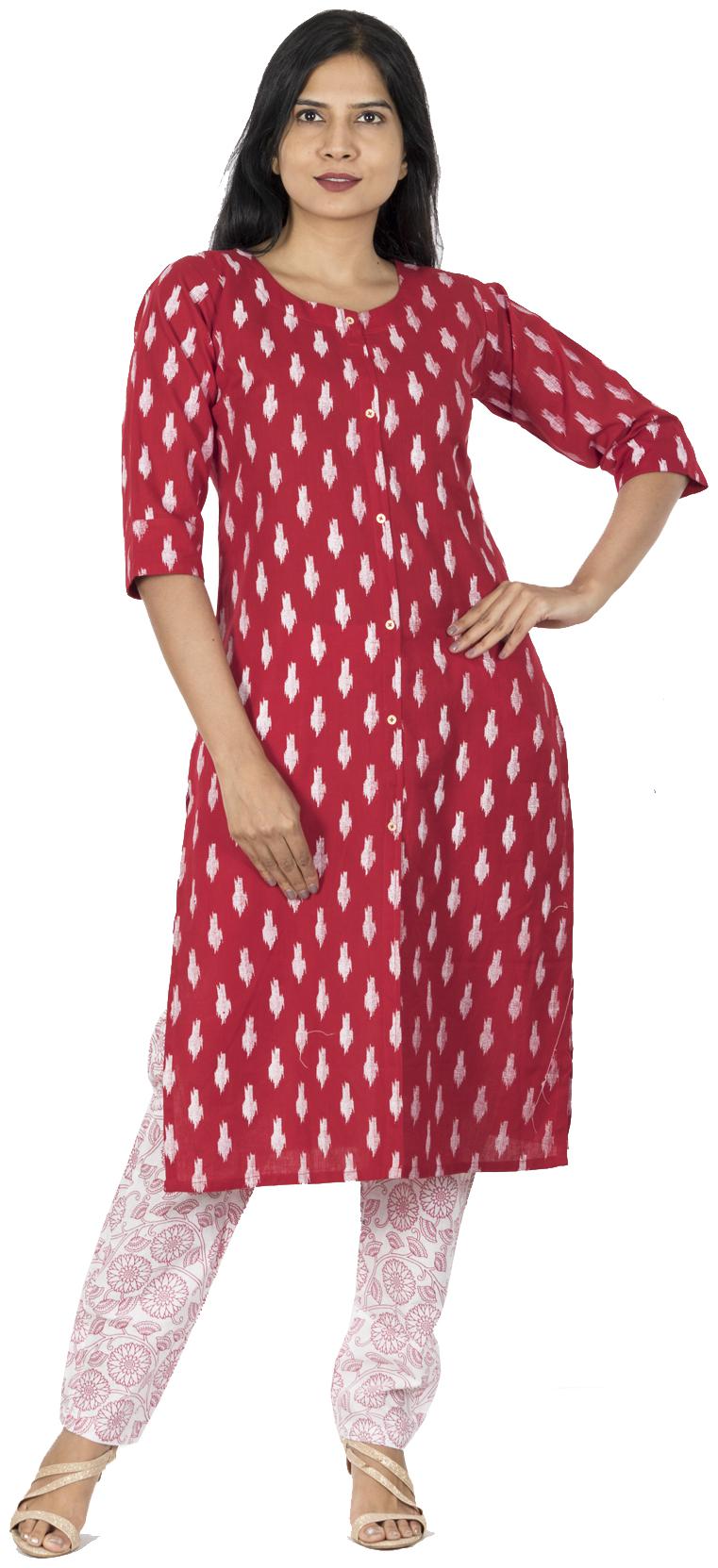 

South India Shopping Mall Women Cotton Straight Fit Kurta With Pants Red and white color