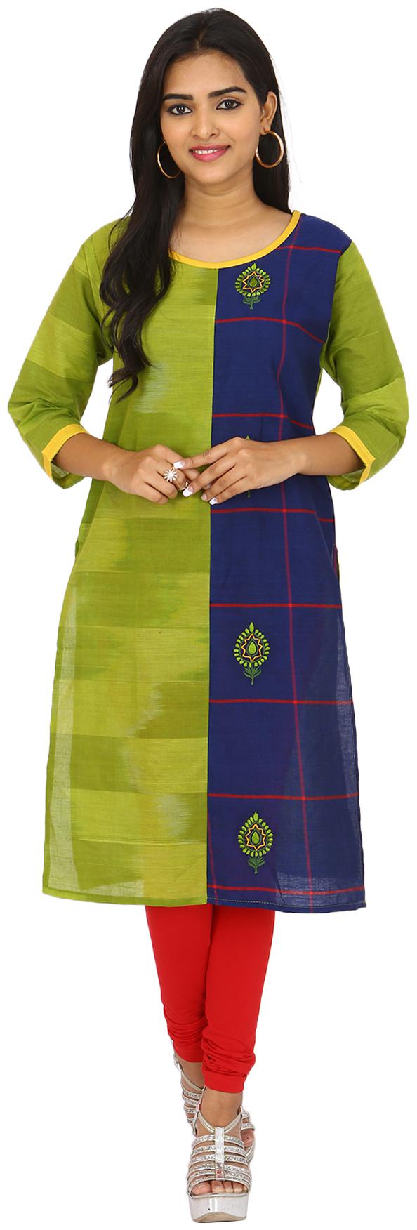 

South India Shopping Mall Women Green Blue Embroidered Straight Kurti