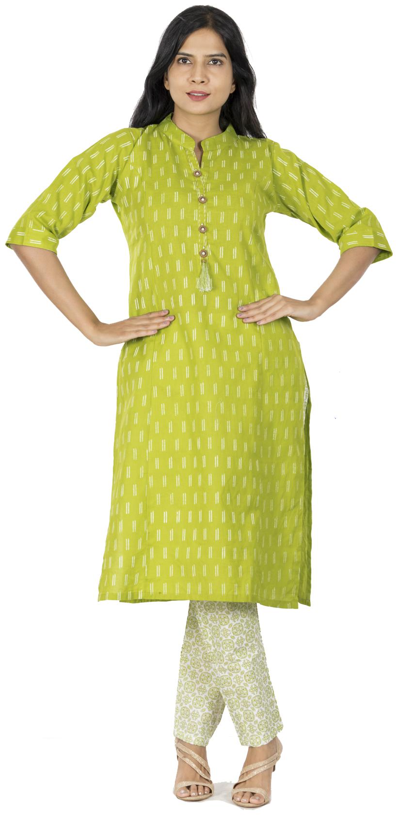 

South India Shopping Mall Women Cotton Straight Fit Kurta With Pants Green color