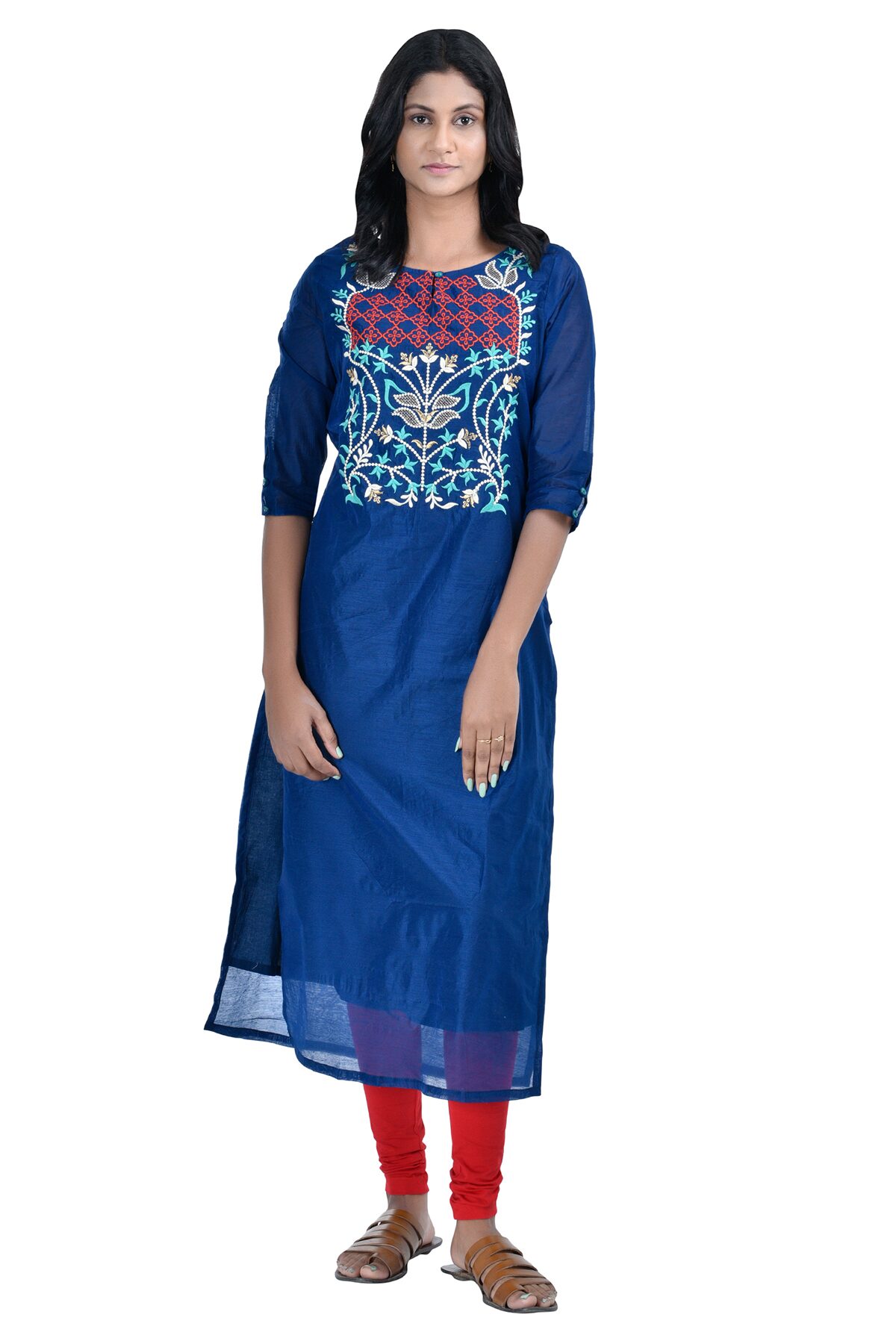

South India Shopping Mall Women Cotton Embroidered Straight Kurti - Blue