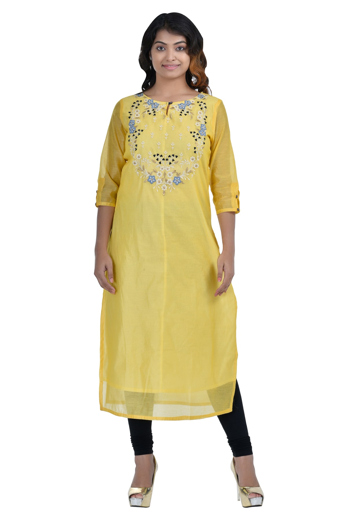 

South India Shopping Mall Women Cotton Embroidered Straight Kurti - Yellow