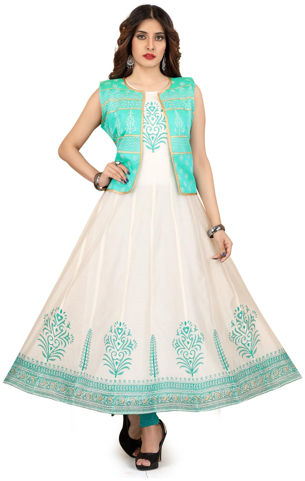 

South India Shopping Mall Cream Green Floral Poly Chanderi Women Gown