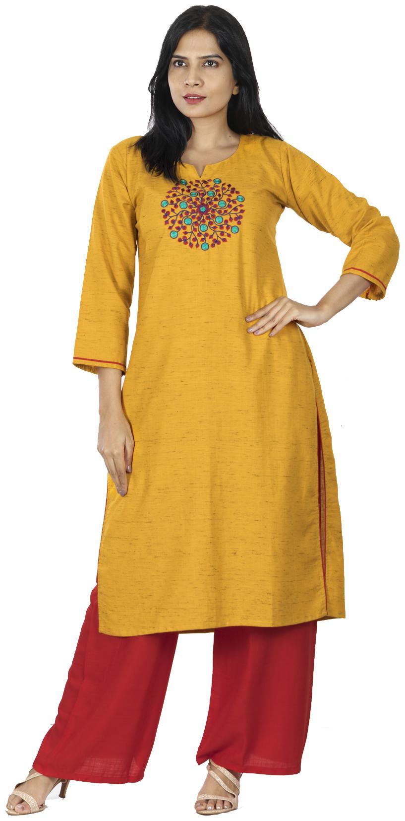 

South India Shopping Mall Women Cotton Straight Fit Kurta With Palazzo Yellow and Red color