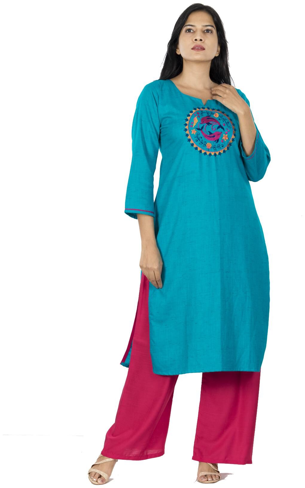 

South India Shopping Mall Women Cotton Straight Fit Kurta With Palazzo Turquoise and Pink color