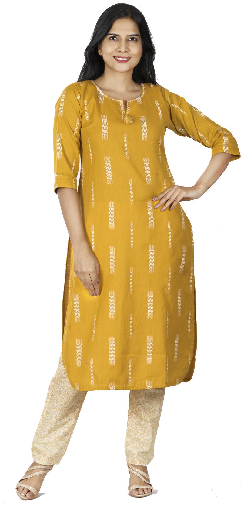 

South India Shopping Mall Women Cotton Straight Fit Kurta With Pants Yellow and Beige color