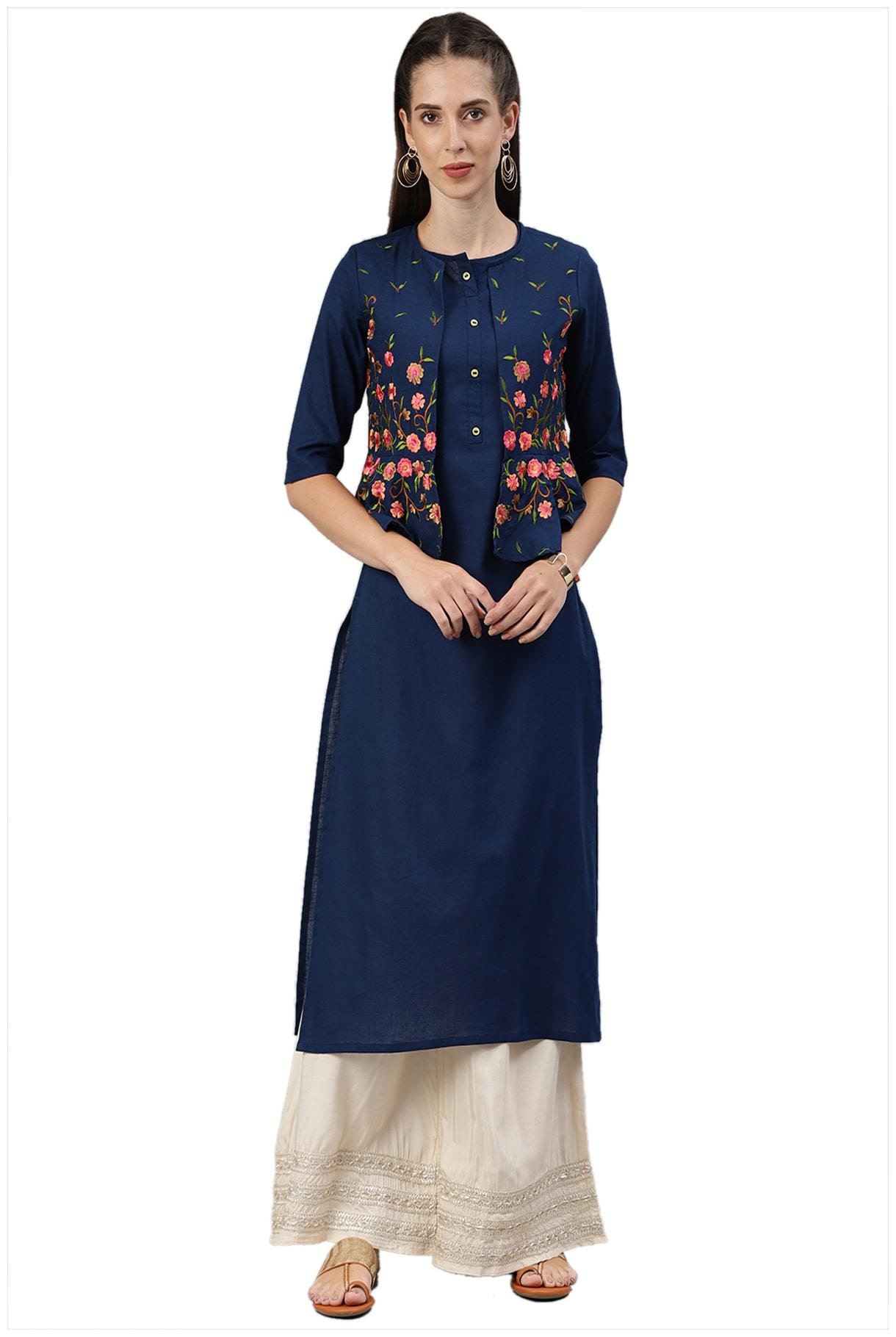 

South India Shopping Mall Women Navy Blue Solid Straight Kurta