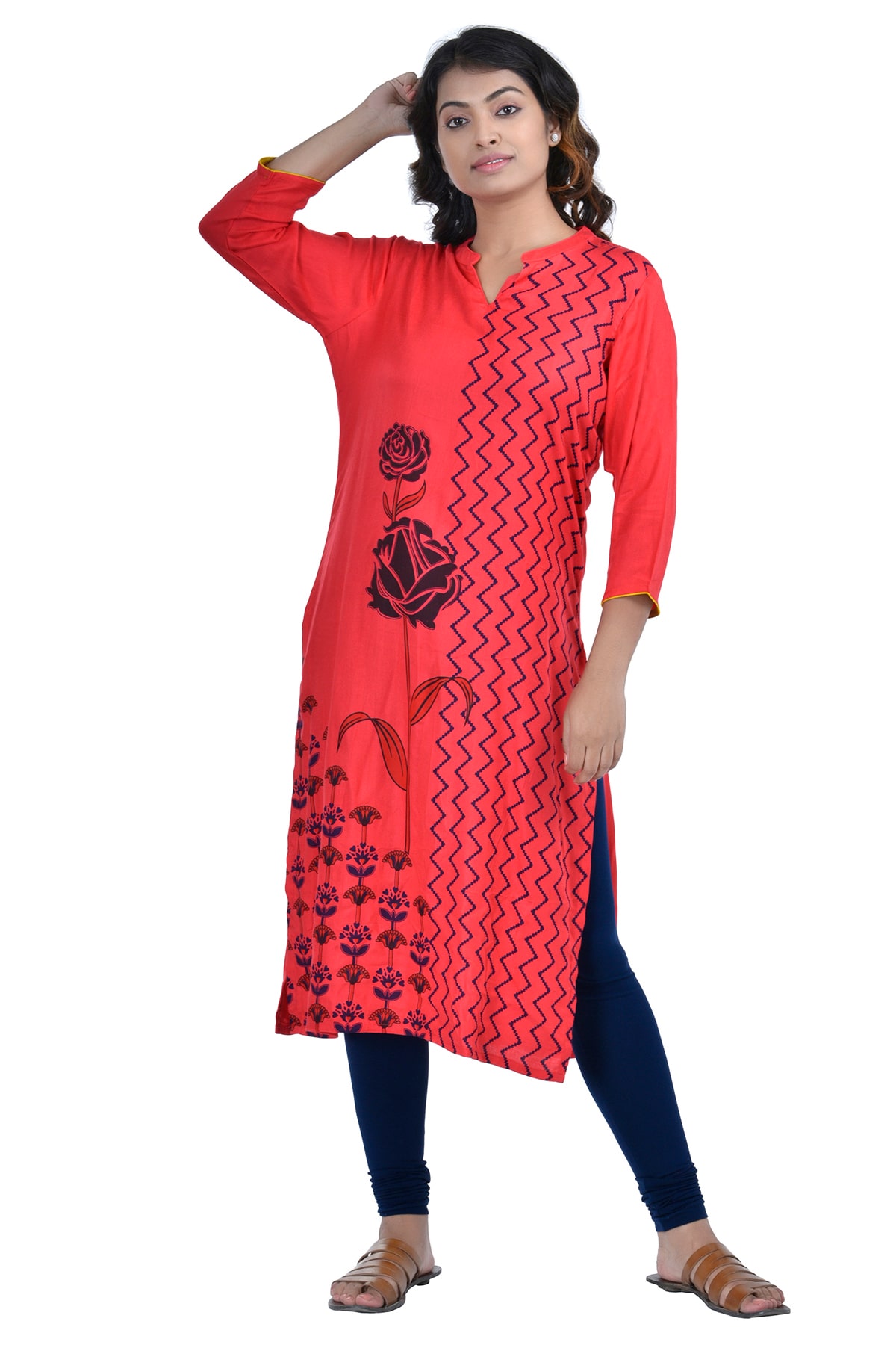 

South India Shopping Mall Women Rayon Floral Straight Kurti - Red