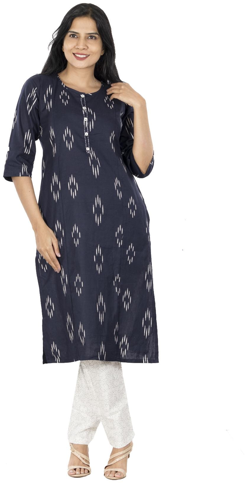 

South India Shopping Mall Women Cotton Straight Fit Kurta With Pants Blue and white color