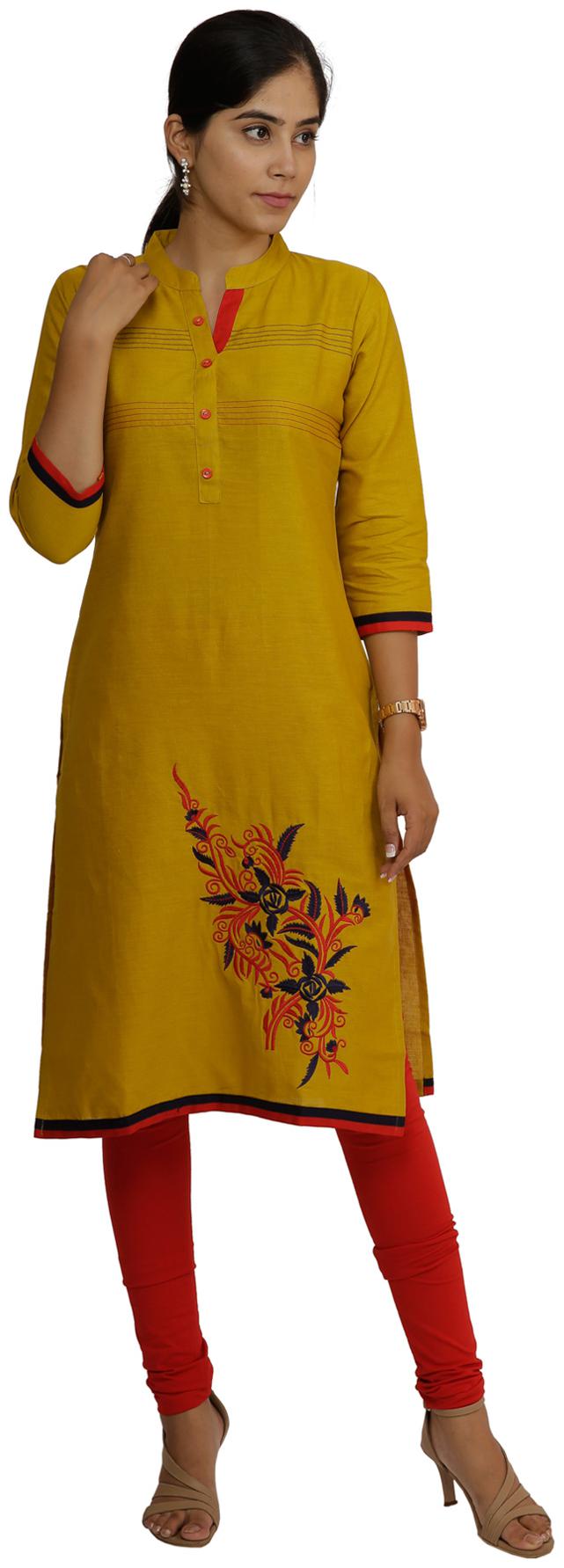 

South India Shopping Mall Women Gold Solid Straight Kurti
