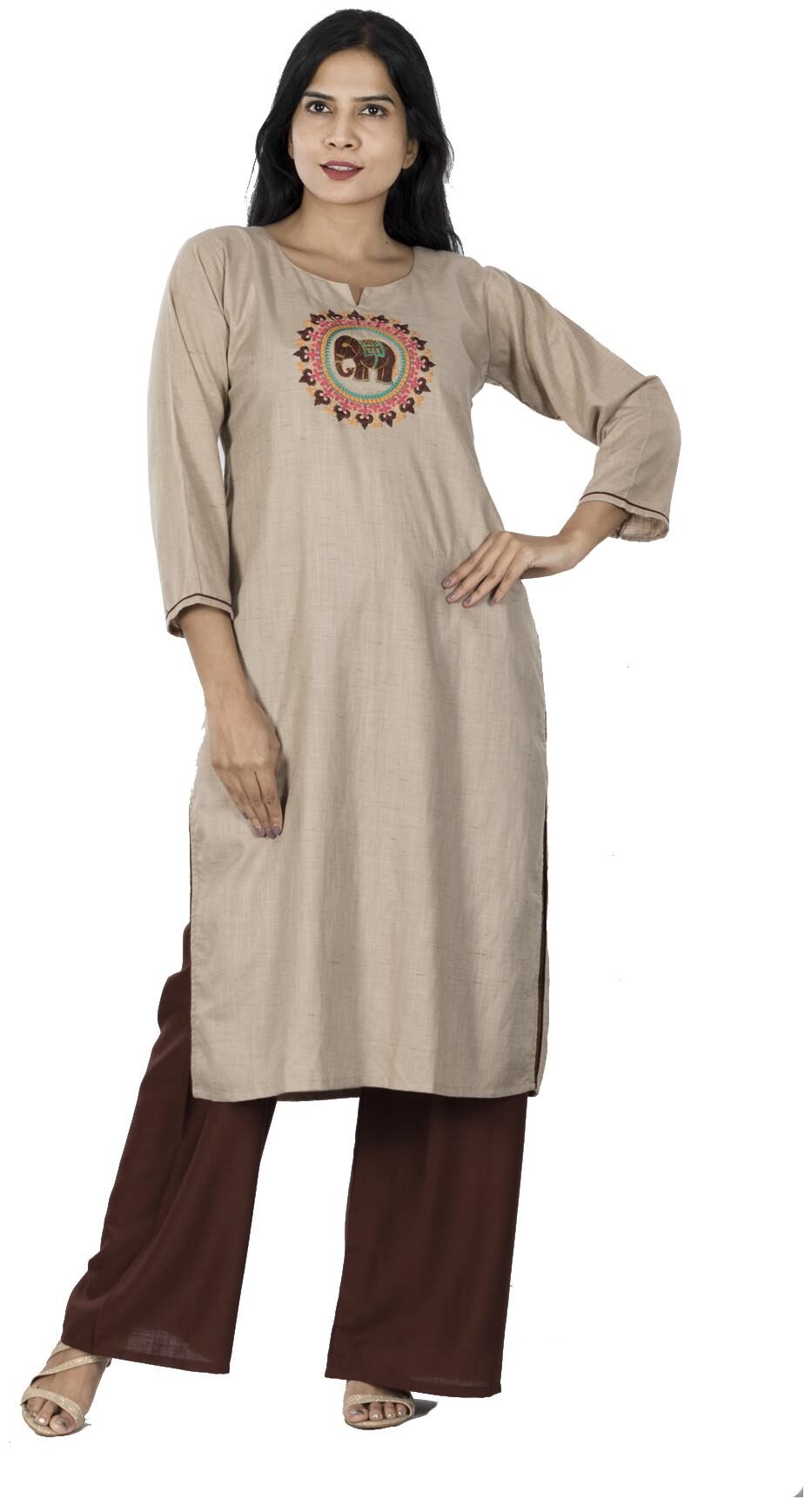 

South India Shopping Mall Women Cotton Straight Fit Kurta With Palazzo Beige and Brown color