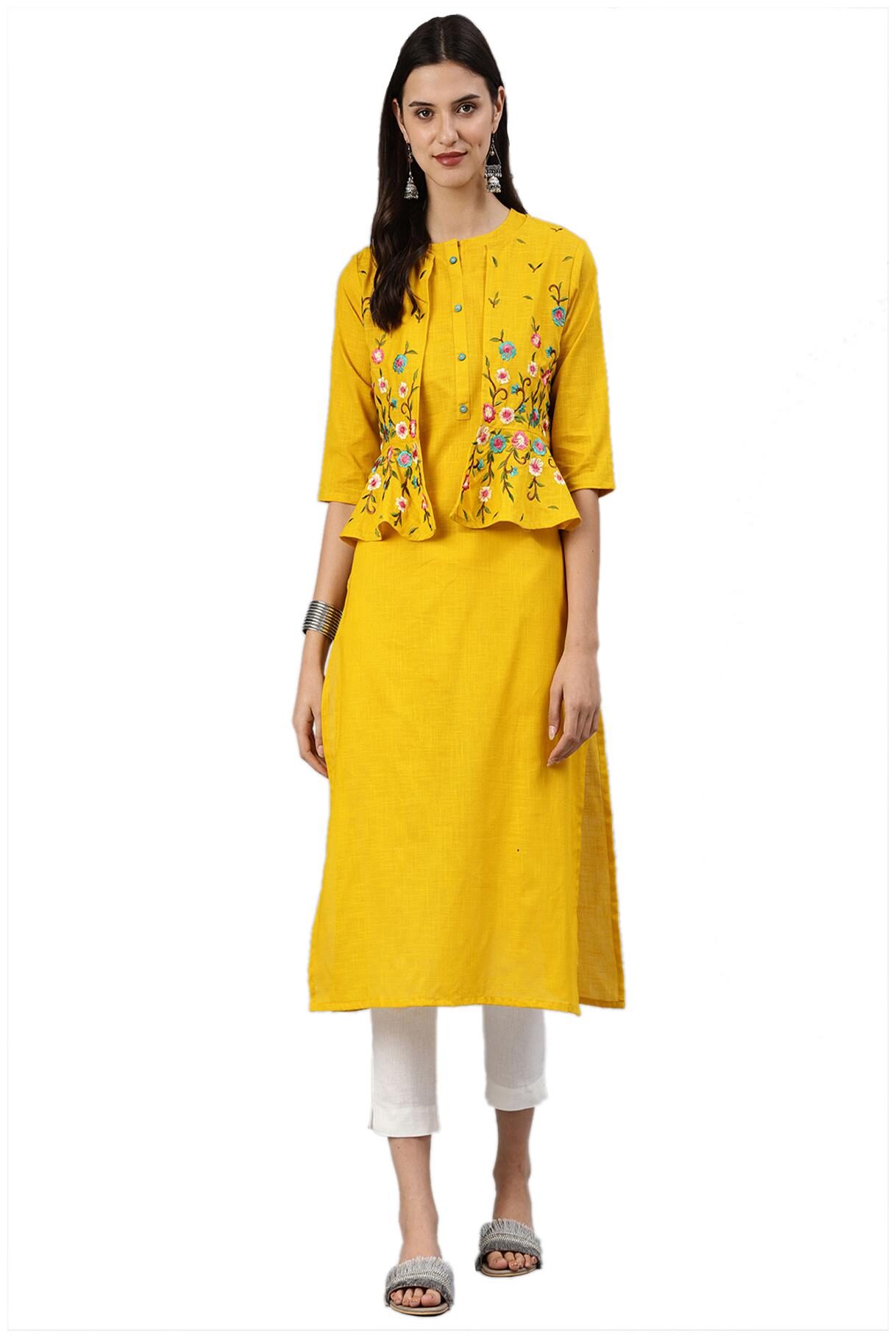 

South India Shopping Mall Women Yellow Solid Straight Kurti