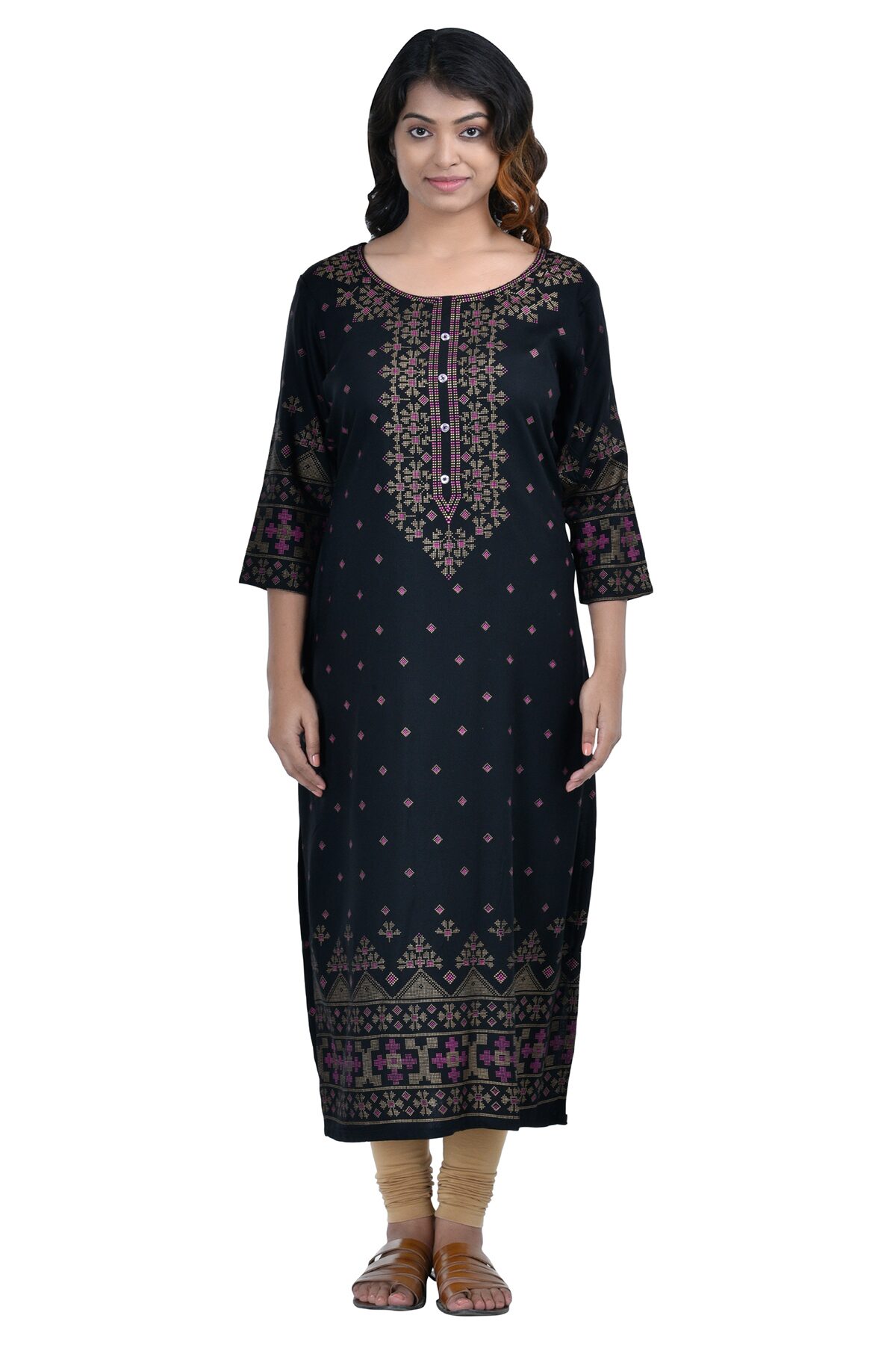 

South India Shopping Mall Women Rayon Printed Straight Kurti - Black