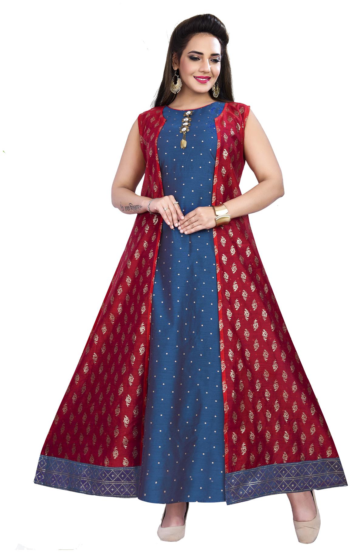 

South India Shopping Mall Women Blended Printed Gown Blue Maroon