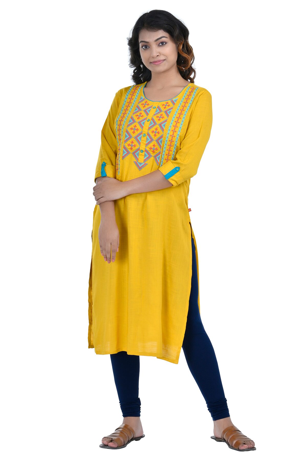 

South India Shopping Mall Women Rayon Embroidered Straight Kurti - Yellow
